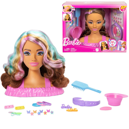 Barbie Styling Head with dark brown hair comes with over 20 styling accessories including stars, butterflies, and color-changing hair clips, JFG82.