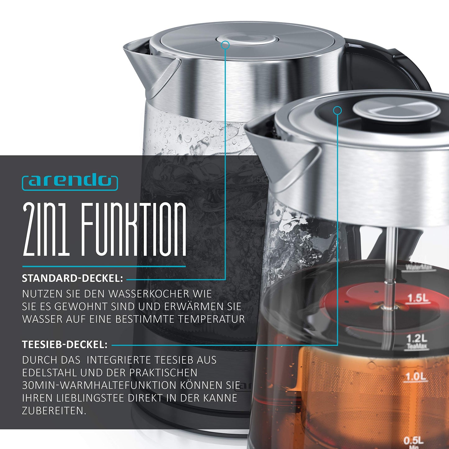 Arendo - Glass water kettle with temperature setting and tea infuser - Adjustable temperatures 40, 70, 80, 100 degrees - 1.7 liters - Auto shut-off - Keep warm function