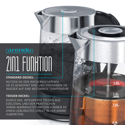 Arendo - Glass water kettle with temperature setting and tea infuser - Adjustable temperatures 40, 70, 80, 100 degrees - 1.7 liters - Auto shut-off - Keep warm function