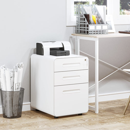 Vinsetto 3-drawer mobile file cabinet with lockable casters, includes hanging file organizer and pencil tray. Office under desk storage unit measures 39x48x59cm in white.