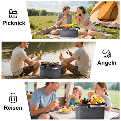 ALLCAMP Large Foldable Insulated Cooler Bag - Shopping Basket With Lid, Detachable Picnic Basket for 2, Aluminum Frame Cool Basket, Thickened Thermal Basket - With 2 Ice Packs
