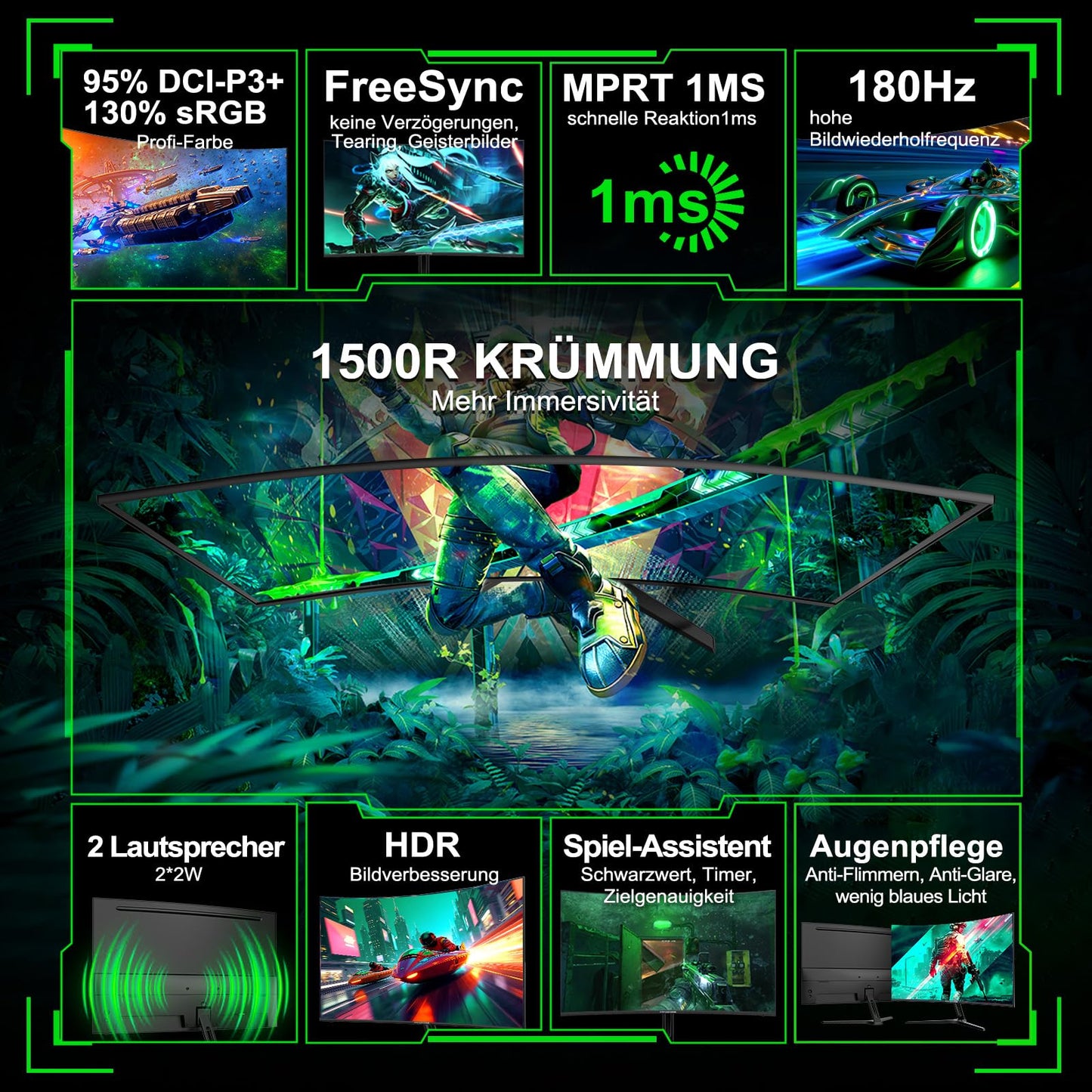Minifire 27-inch Gaming Monitor, 180Hz, Curved Gaming Monitor, Speakers, 1500R, 1ms, sRGB130%, FHD 1080P Computer Screen, VESA compatible, Eye Care Adaptive Sync HDMI & DP Ports (MFG27C1)