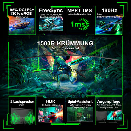 Minifire 27-inch Gaming Monitor, 180Hz, Curved Gaming Monitor, Speakers, 1500R, 1ms, sRGB130%, FHD 1080P Computer Screen, VESA compatible, Eye Care Adaptive Sync HDMI & DP Ports (MFG27C1)
