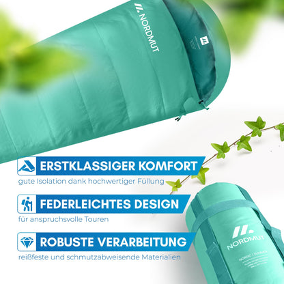 NORDMUT® Adult Sleeping Bag - compact & ultralight (900/1500g) - 3-season (250 GSM) & summer (100 GSM) - mummy sleeping bag for camping, outdoor & festivals.
