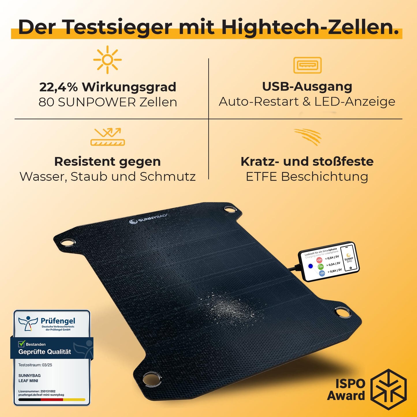 Sunnybag® Solarpanel Leaf Pro [Ultra-light & Portable!] - Foldable solar panel (Waterproof & Durable) - Solar charger with USB port for smartphone & power bank - Solar camping (7.5W output)