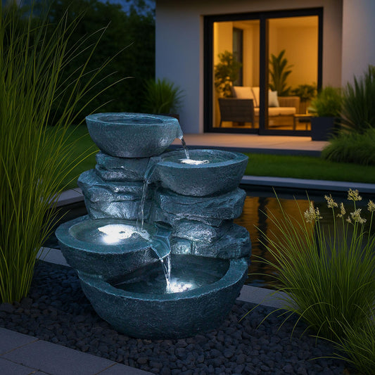 Large indoor and outdoor fountain with LED lighting, perfect for garden, balcony, or interior decoration. Features a waterfall design in shades of grey and stone imitation.