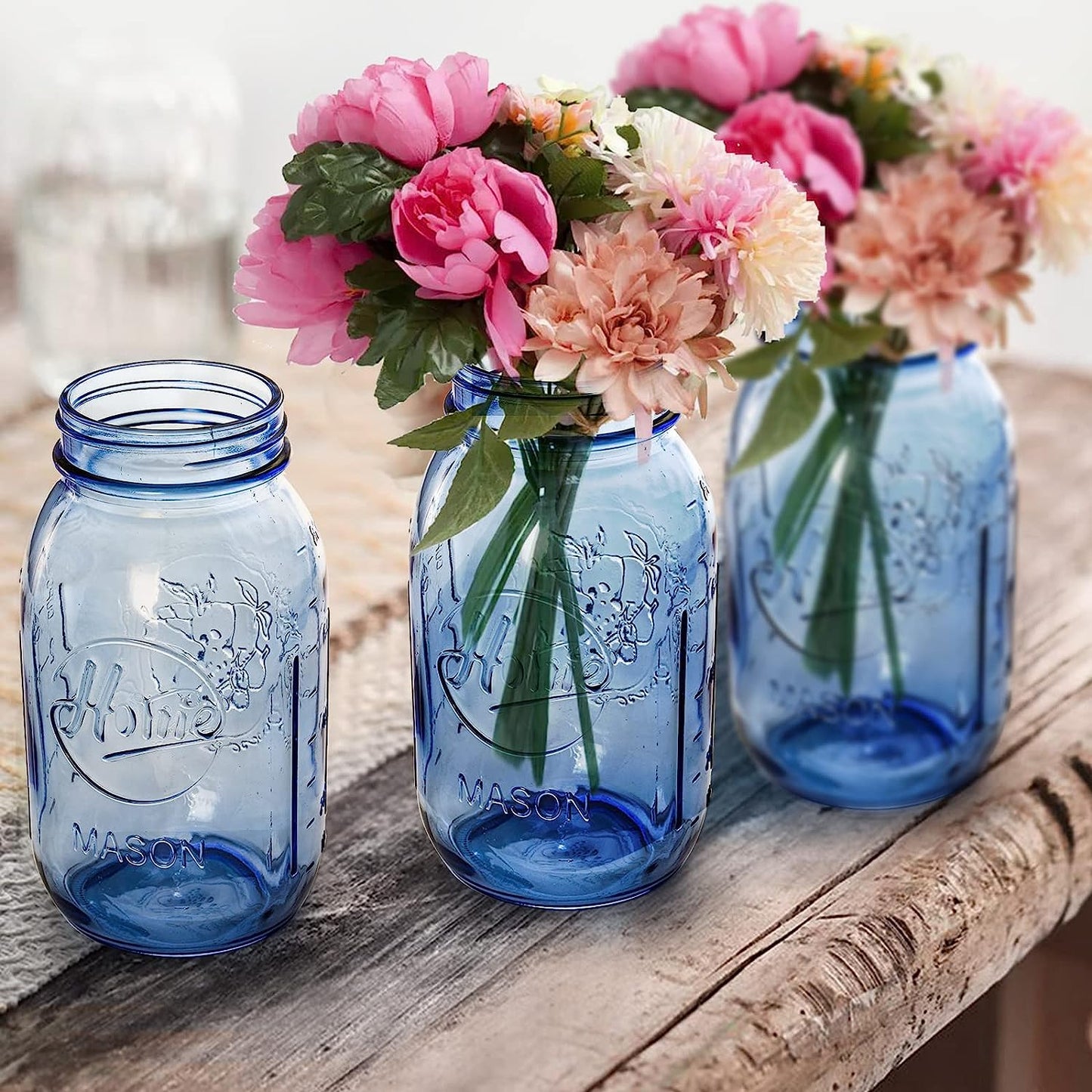 Tebery 6 Pack 32oz Blue Mason Jars with airtight lids & bands, 1 Liter Regular Mouth Quart Glass Canning Jar for fermenting, pickling, storage, DIY crafts & decoration.