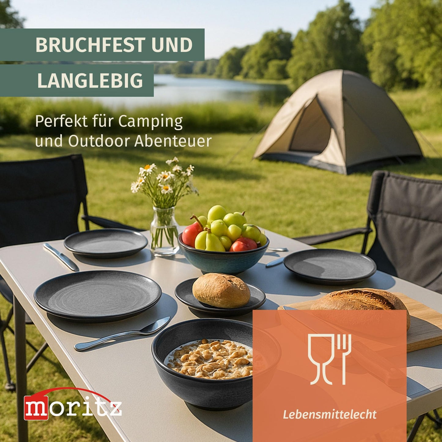 Melamine Camping Tableware Set for 4 Persons in Stone Grey Color, including 4 Stone Coffee Cups. Ideal for picnics, BBQs, and outdoor cooking.