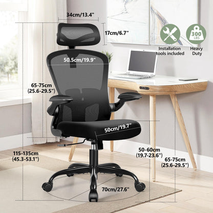 FelixKing Ergonomic Office Chair, Computer Chair, Adjustable Lumbar Support, 3D Headrest and Folding Armrests, Breathable Mesh Backrest, 300 lbs (Black)