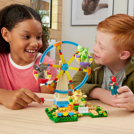 MEGA Pokémon action figure building toy, fun on the Ferris wheel with 393 pieces and movable Litleo, Munchlax, Meowth, and Purrloin, for kids, HXF80.
