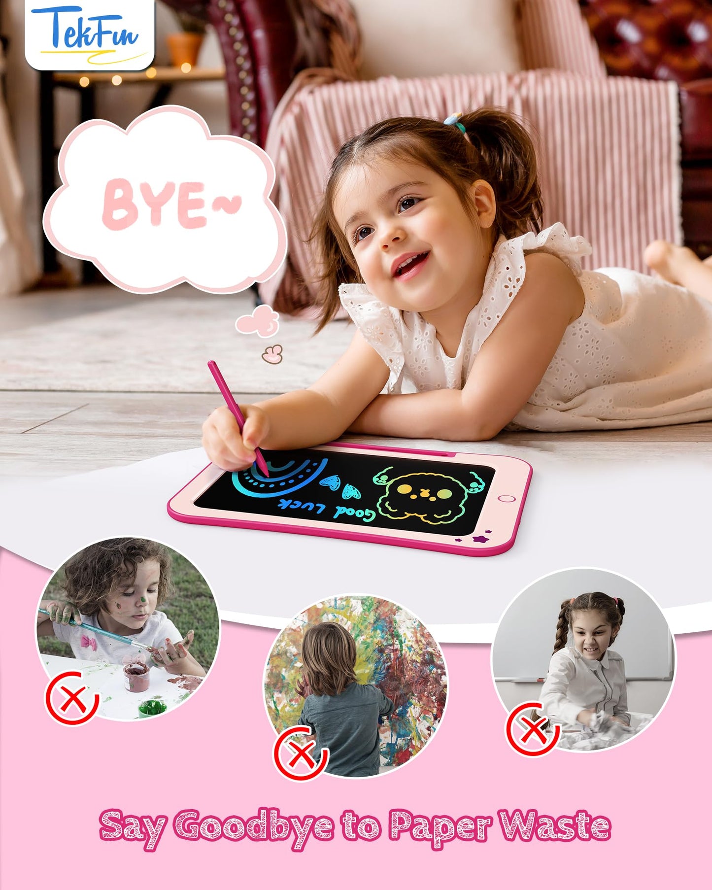 TEKFUN Kids Toy for 3 4 5 6 Year Old Boys Girls Gifts, 10 Inch LCD Writing Tablet Children Drawing Board, Educational Travel Toy Boy Girl Birthday Age 3-8 (Pink)