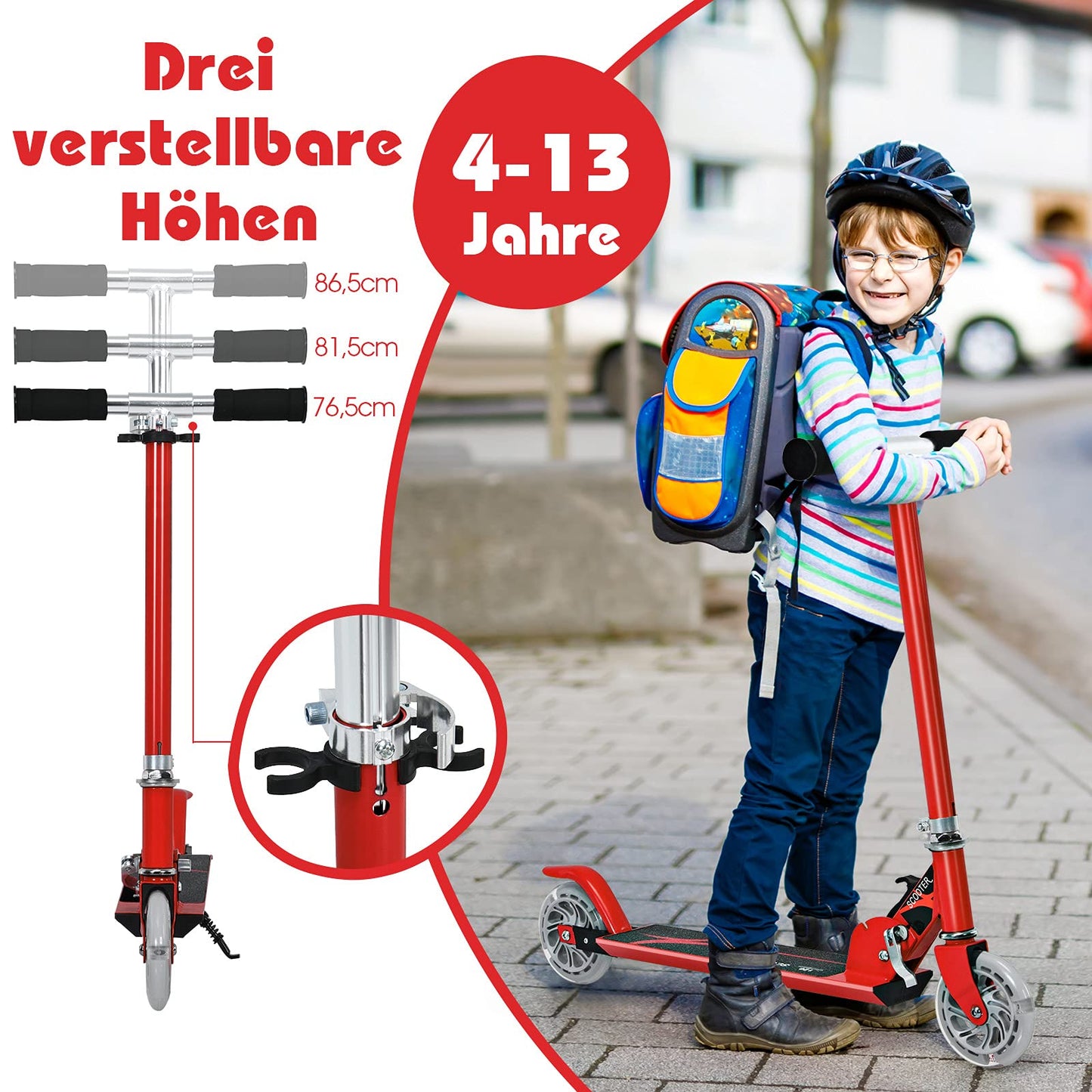 GYMAX Foldable Kids Scooter, Children's Scooter with LED light-up wheels, Kick scooter 3 height adjustable up to 70kg load-bearing capacity, Kick scooter for boys & girls aged 4 years and above (Red)