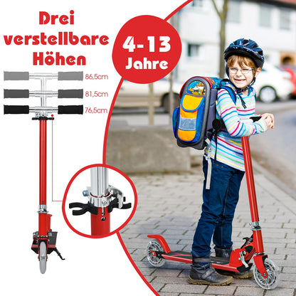 GYMAX Foldable Kids Scooter, Children's Scooter with LED light-up wheels, Kick scooter 3 height adjustable up to 70kg load-bearing capacity, Kick scooter for boys & girls aged 4 years and above (Red)