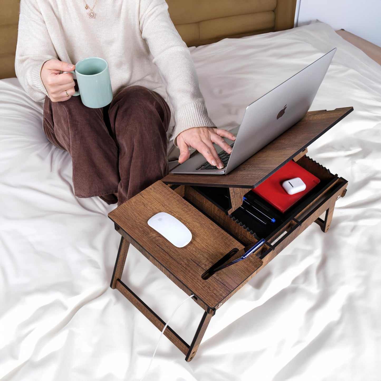 Vigo Wood Laptop Table, wooden laptop stand for bed, adjustable laptop desk and knee tray with built-in storage space, ergonomic design for reading, working