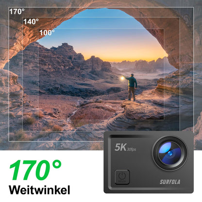 Surfola Action Cam 5K, 24MP underwater camera 40M waterproof EIS image stabilization, helmet camera WiFi action cameras with external microphone, 2*1350mAh batteries and charger, remote control and accessory kit