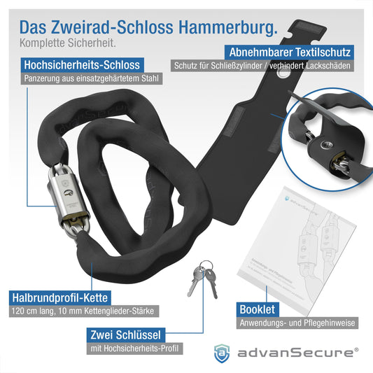advanSecure® high-security chain lock | ideal for e-bikes and motorcycles | max. security level | 120 cm length, 10 mm chain links | hardened special steel | removable lock body protection