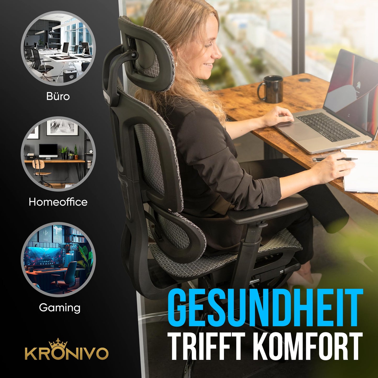 KRONIVO Office Chair Ergonomic with Footrest | Desk Chair with Headrest Armrests Lumbar Support | Desk Chair with Wheels for back-friendly sitting up to 440lbs