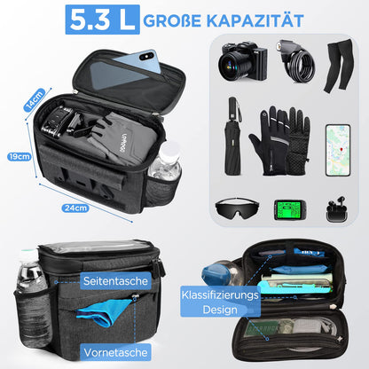 LEMEGO bike bag designed for e-bikes and bicycles, 5.3L capacity, waterproof handlebar basket with adapter. Features adjustable touchscreen phone holder and detachable shoulder strap.