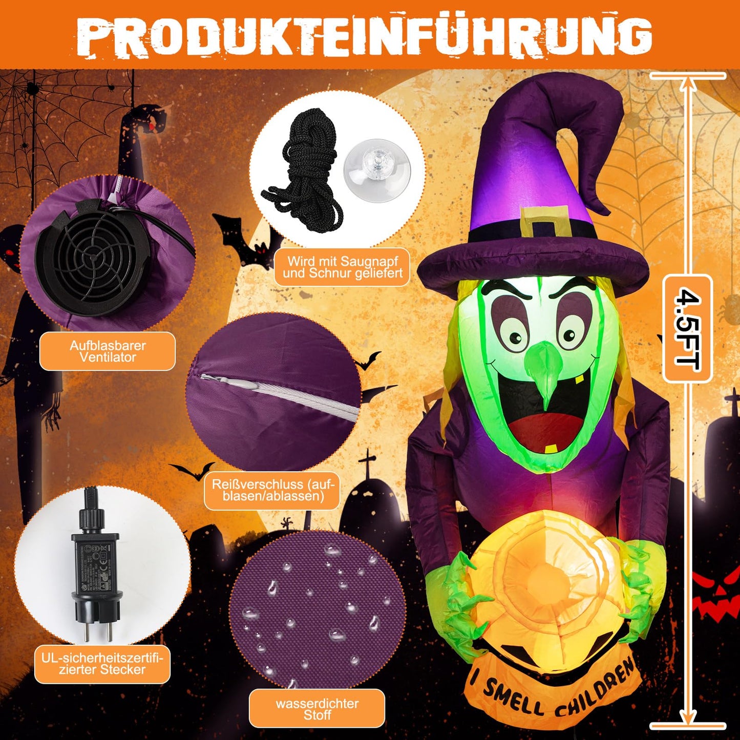 4.5 Ft Halloween inflatable witch, Halloween outdoor window decoration, ghost witches with pumpkin candy jar, built-in LED lights, Halloween inflatable Halloween decoration Garden, outdoor, party.