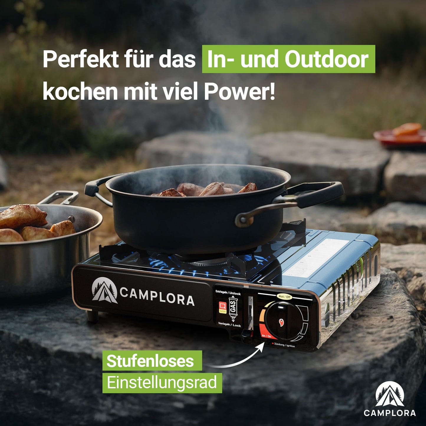 CAMPLORA gas stove + 8 gas cartridges + carrying case with piezo ignition - camping stove 2.2 kW - including safety shutdown - camping gas stove, camping cooker 1 burner MSF-1a