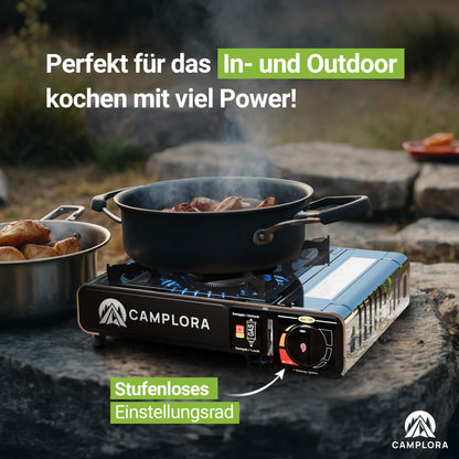 CAMPLORA gas stove + 8 gas cartridges + carrying case with piezo ignition - camping stove 2.2 kW - including safety shutdown - camping gas stove, camping cooker 1 burner MSF-1a