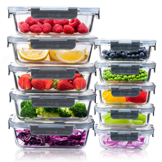 Igluu Meal Prep Glass Food Storage Containers with BPA-free lid (10-pack) - microwave, oven, freezer, dishwasher safe, leak-proof - 370 & 1050 ml - durable borosilicate glass.