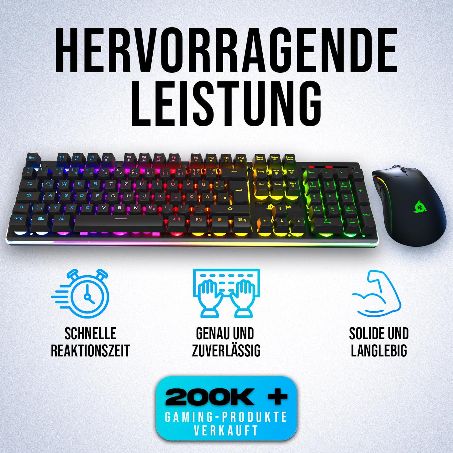 KLIM Thunder Wireless Gaming Keyboard and Mouse Combo - New 2023 - Wireless backlit keyboard with durable built-in battery + 4800 DPI RGB wireless gaming mouse for PC.
