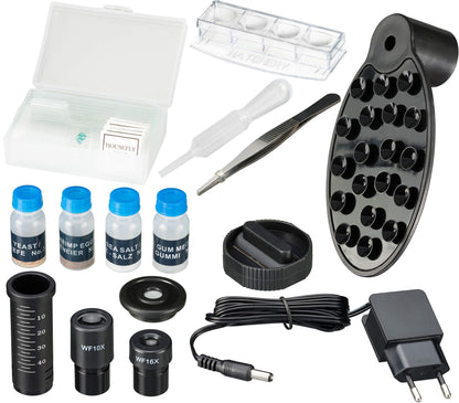 National Geographic 40-1280x microscope with incident/transmitted light illumination, smartphone holder, and extensive accessories for beginners in microscopy, black