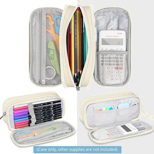 FINPAC Pencil Case - Large capacity pencil pouch with 3 compartments, perfect for school & office use. (Beige)