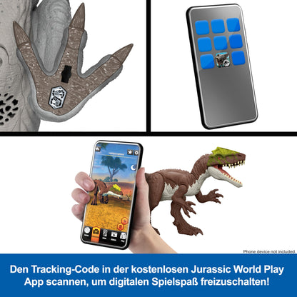 Mattel Jurassic World: The Rebirth Wild Roar Baryonyx dinosaur toy with controllable biting attack in multiple directions and roaring sound, digital gameplay options, JGC79
