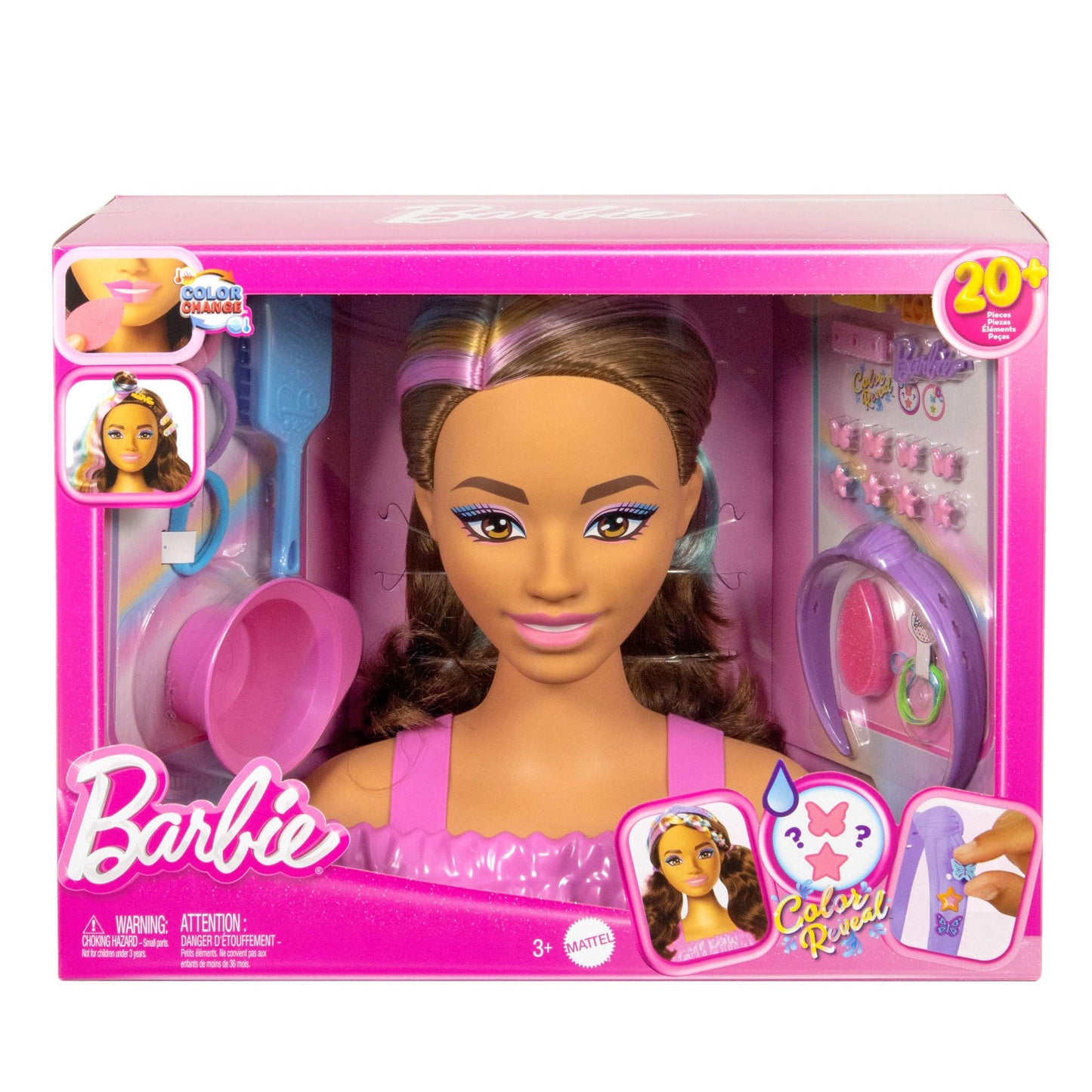 Barbie Styling Head with dark brown hair comes with over 20 styling accessories including stars, butterflies, and color-changing hair clips, JFG82.