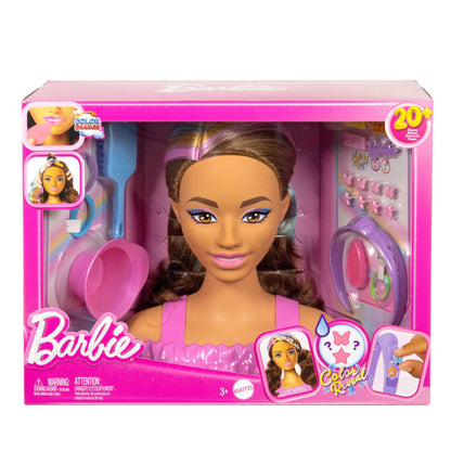 Barbie Styling Head with dark brown hair comes with over 20 styling accessories including stars, butterflies, and color-changing hair clips, JFG82.