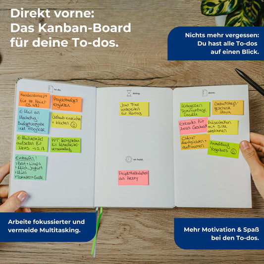 Notepad - The agile notebook A5 | With integrated Kanban Board | incl. 300 sticky notes | More clarity + focus | To do notebook | 192 numbered pages | vegan Hardcover (Gray/Blue)