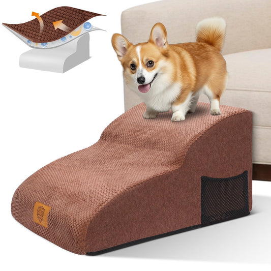 MASTERTOP Dog Stairs 2 Steps - Wide Dog Ramp Cat Stairs, High Density Foam Pet Stairs for Small Dog Teddy-Brown