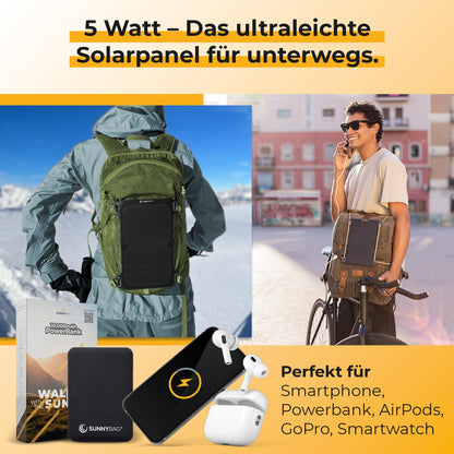 Sunnybag® Leaf MINI 2.0 solar panel [Ultra-lightweight & Compact!] – Solar charger (Waterproof & Durable) – Solar panel with USB for hiking, camping & outdoor activities – perfect for use with power bank (5W power output)