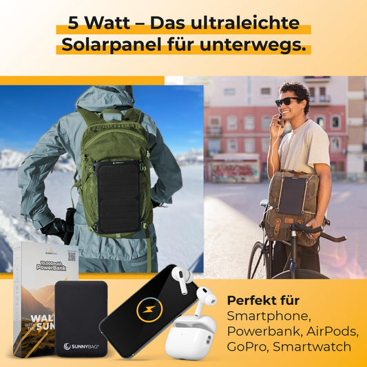 Sunnybag® Leaf MINI 2.0 solar panel [Ultra-lightweight & Compact!] – Solar charger (Waterproof & Durable) – Solar panel with USB for hiking, camping & outdoor activities – perfect for use with power bank (5W power output)