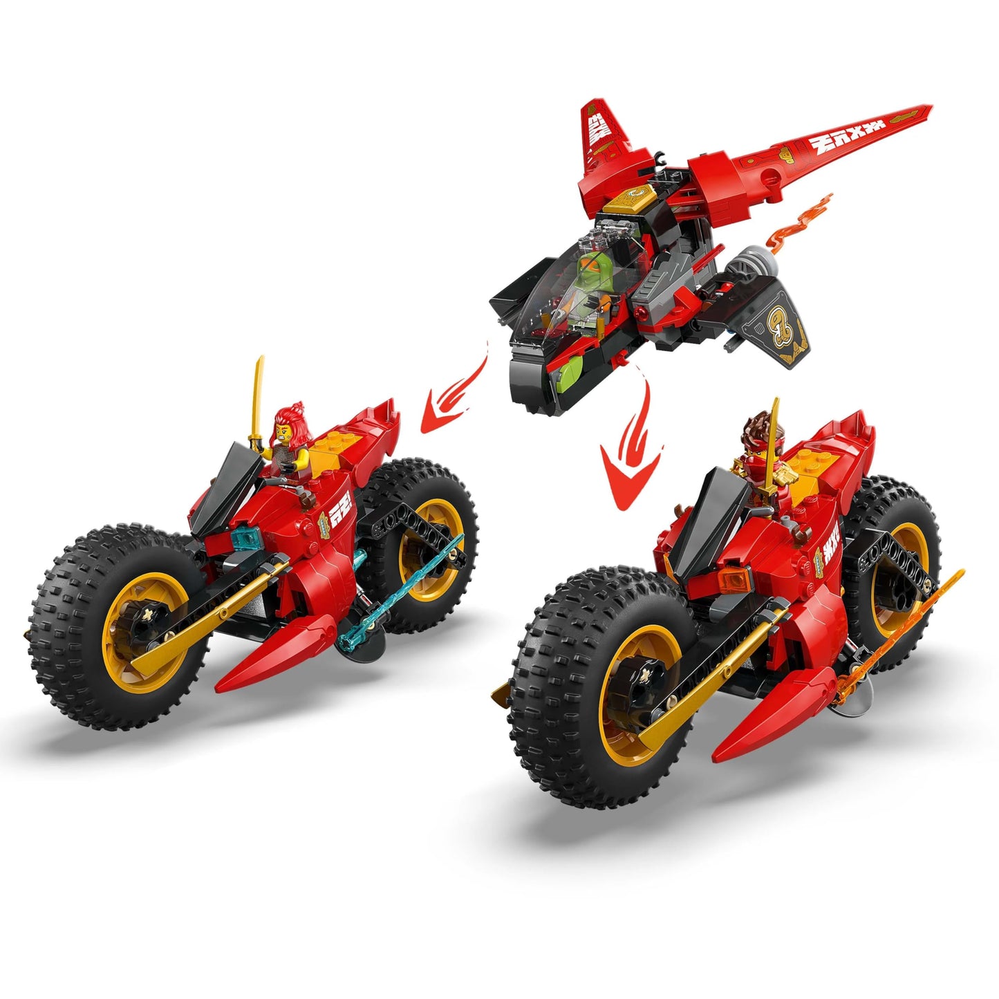 LEGO NINJAGO Ninja Action Speeder - 3-in-1 toy with 2 Ninja bikes, 1 jet, and 6 minifigures, including Kai and Frak - Rise of the Dragons gift for boys aged 8 and up - 71844