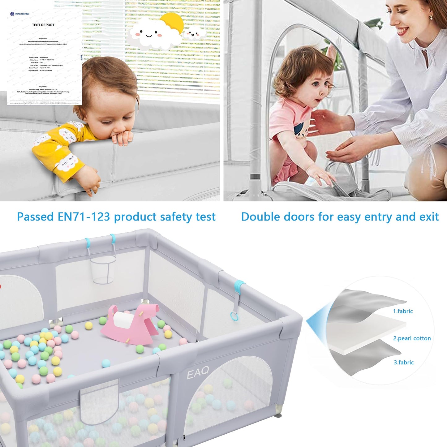 EAQ Baby Playpen 150x150cm Playard Safety Playground with super soft, breathable mesh, children's fence for infants toddlers