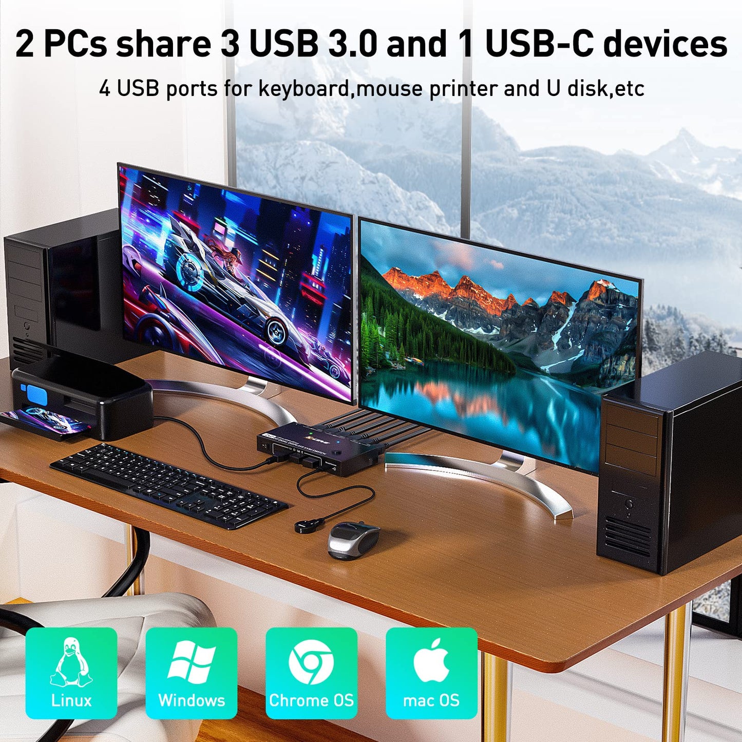 Dual Monitor DP KVM Switch, MST 2 In 2 Out DisplayPort USB3.0 KVM Switch Supports Extend and Mirror Modes, HDMI and DP monitor output for 2 computers, share 2 monitors.