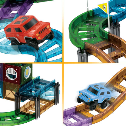 JONRRYIN 131 Piece Magnetic Building Blocks Car Race Track, Magnetic Building Blocks Set 3D Racing Car Track Magnetic Building Blocks Kids with 2 Toy Cars, Educational Toy for Children 3 Years and Up