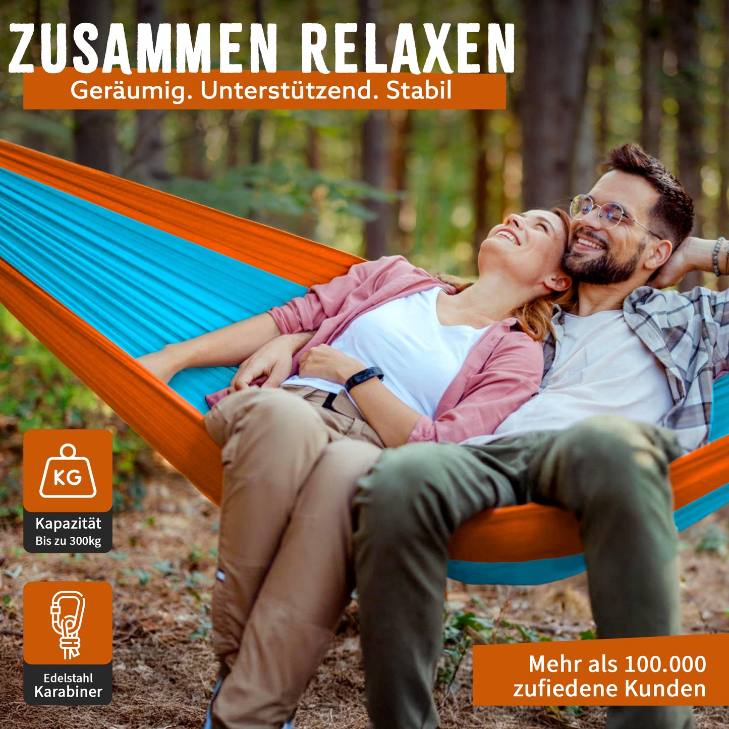 Monkey Swing Hammock Ultralight incl. carabiner & heavy-duty straps (up to 300 kg load capacity, 275 x 140 cm) - perfect for camping, outdoor, trekking & as a travel hammock (turquoise/orange)