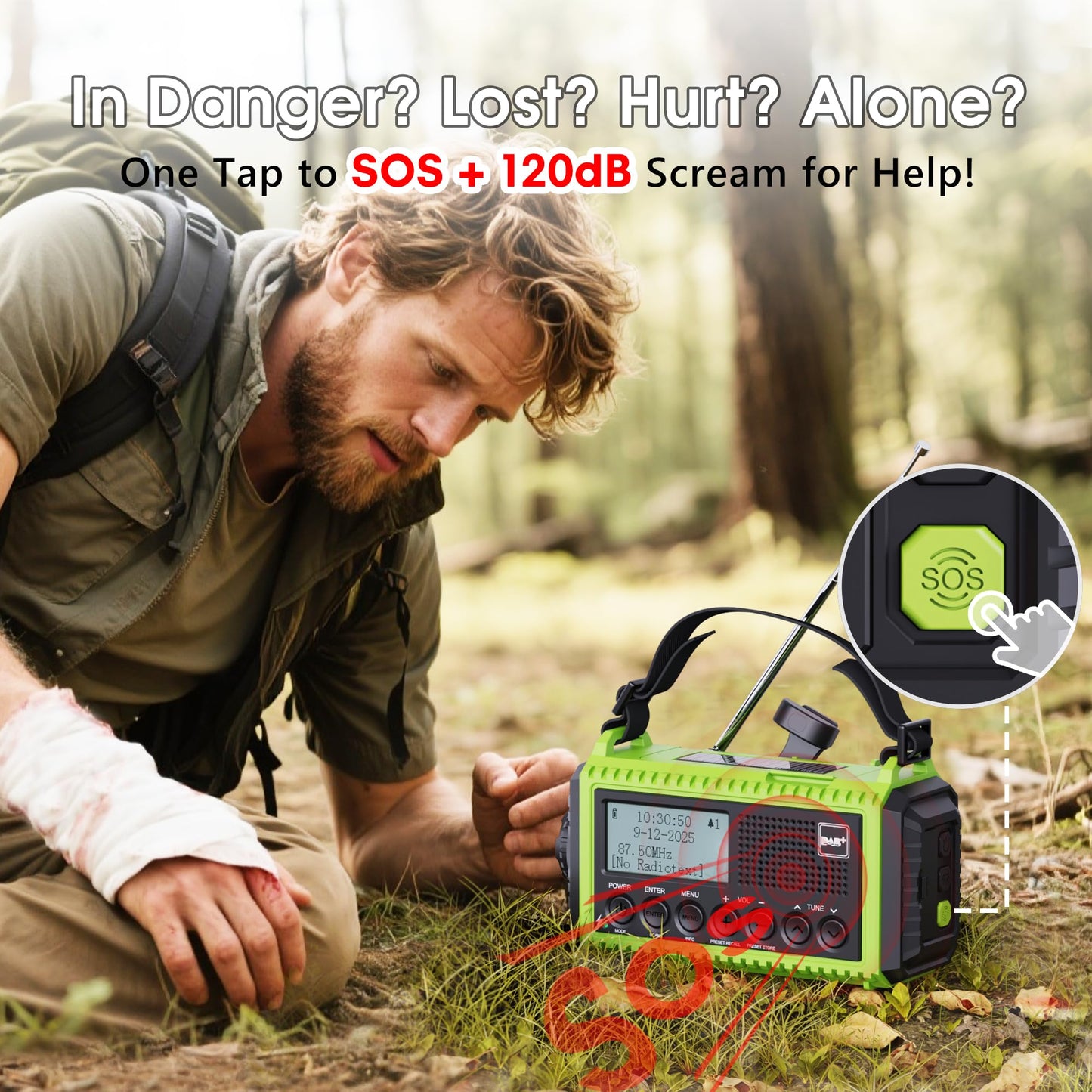 Crank radio DAB/DAB+, emergency radio with 5000mAh rechargeable battery, FM radio, battery radio emergency equipment with LED flashlight & reading light, SOS alarm for camping, emergencies & blackout.