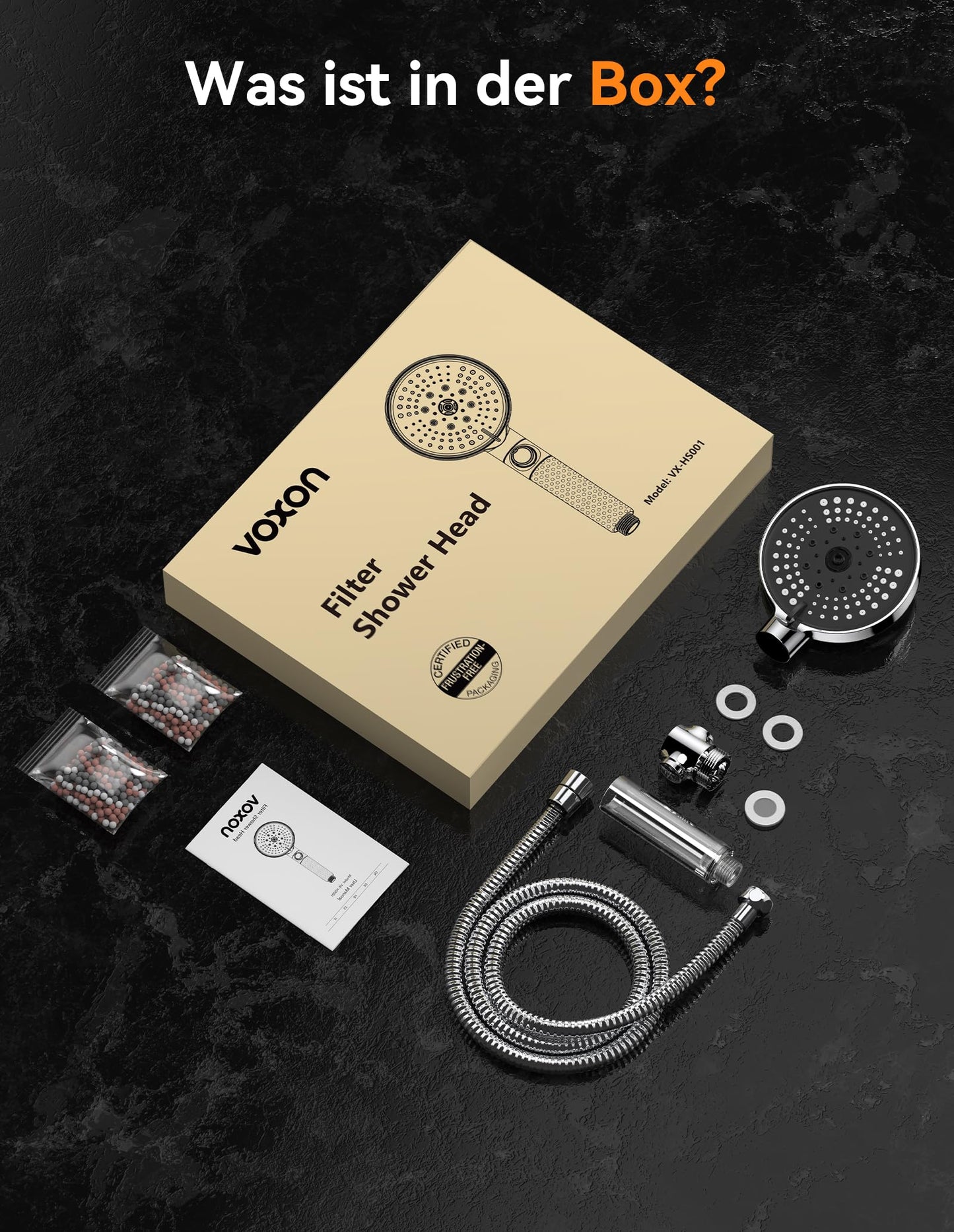 VOXON Shower Head with Hose 1.5M, Water Saving Shower Head with Filter and 6 Spray Modes & Stop Function, Handheld Shower Head with Hose Pressure Boosting with 3-Layer Filtration and Extra Stones