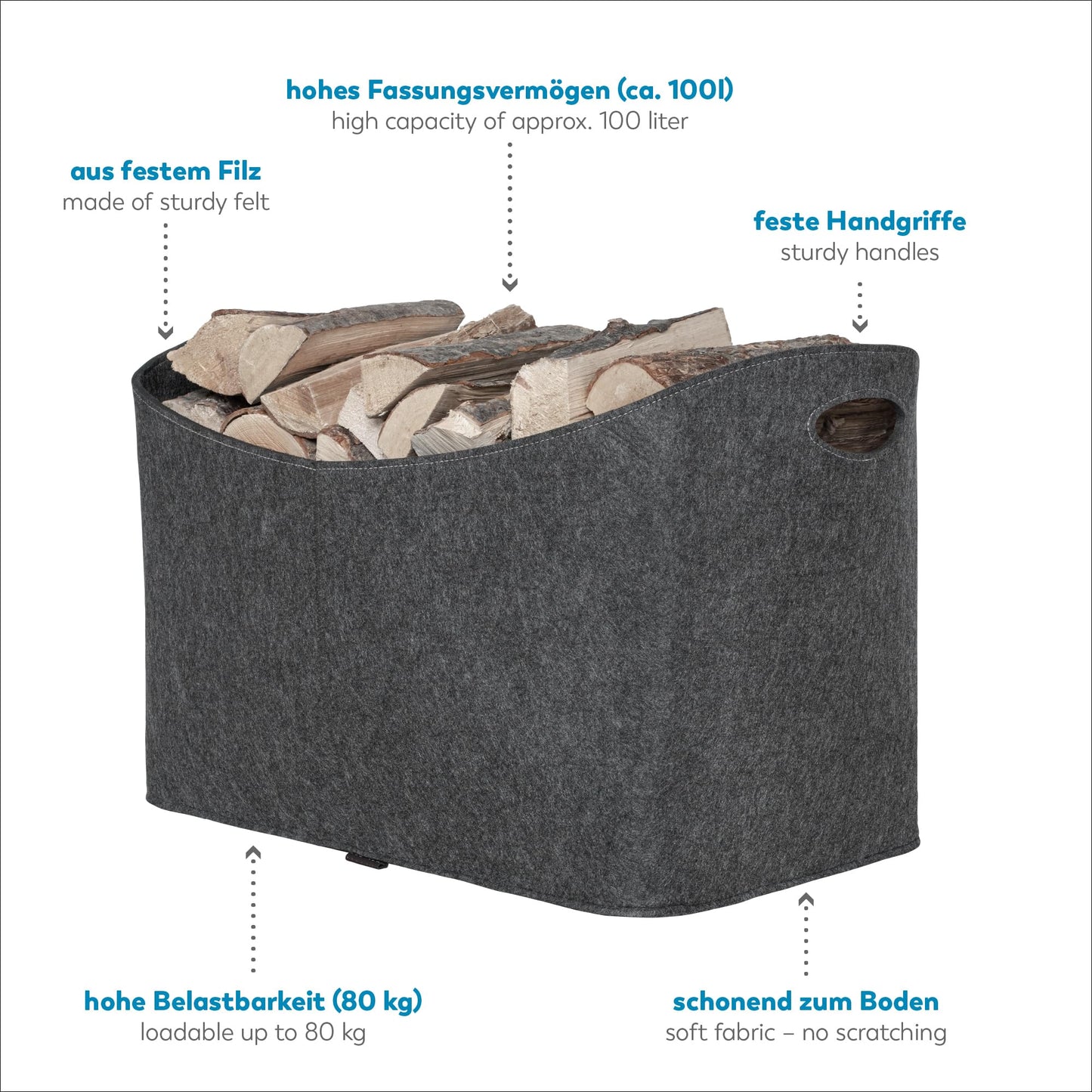 Rubberneck XXL felt wood bag – storage for firewood, newspapers – 63 x 40 x 42 cm (Anthracite)