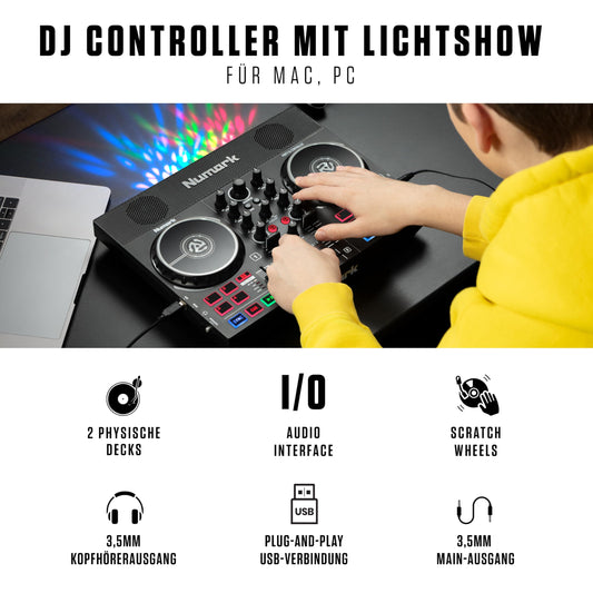Numark Party Mix Live + HF 125 - DJ Controller set with built-in speakers, light show, mixer, and DJ headphones.