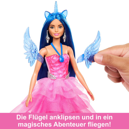 Barbie A hidden magic doll with unicorn, pink dress with sapphire blue details, unicorn headband, detachable sapphire wings, and unicorn tail, for children aged 3 and up, HRR16