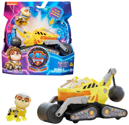 PAW Patrol: The Mighty Movie, superhero base vehicle by Rubble with puppy figure, construction vehicle with light and sound effects, toy suitable for children ages 3 and up.