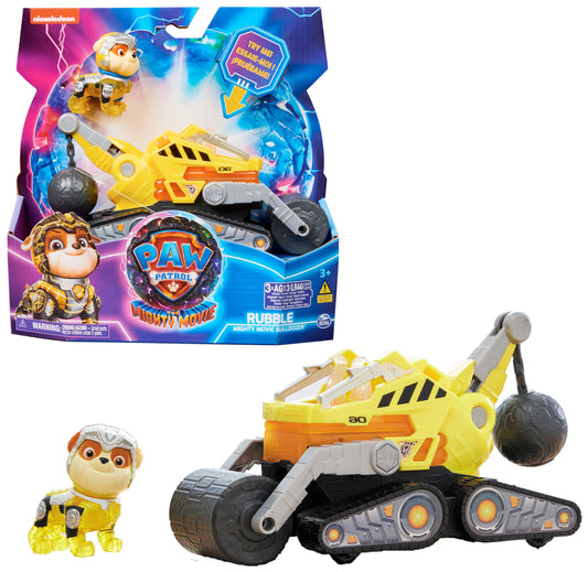 PAW Patrol: The Mighty Movie, superhero base vehicle by Rubble with puppy figure, construction vehicle with light and sound effects, toy suitable for children ages 3 and up.