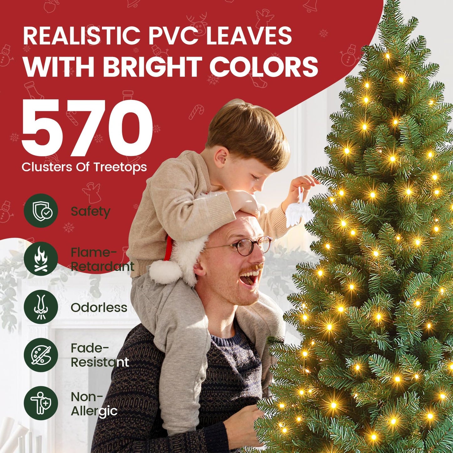 Artificial Christmas tree with LED lighting, 180cm artificial PVC pine tree with metal stand, premium Nordmann fir, flame-retardant automatic Christmas tree, lifelike artificial pine tree