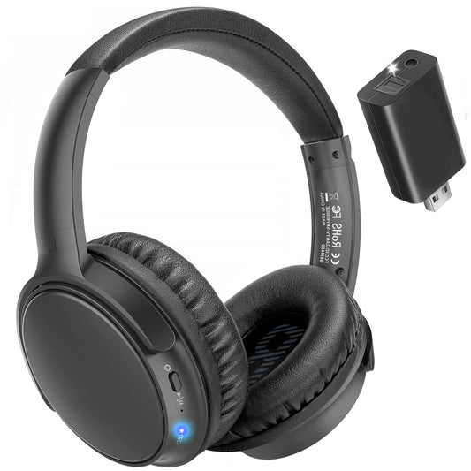 The makemate BKM400 wireless headphones for TV come with a USB transmitter set, no audio delay, plug-and-play, 50m range, clear sound, 20-hour battery life, in black.